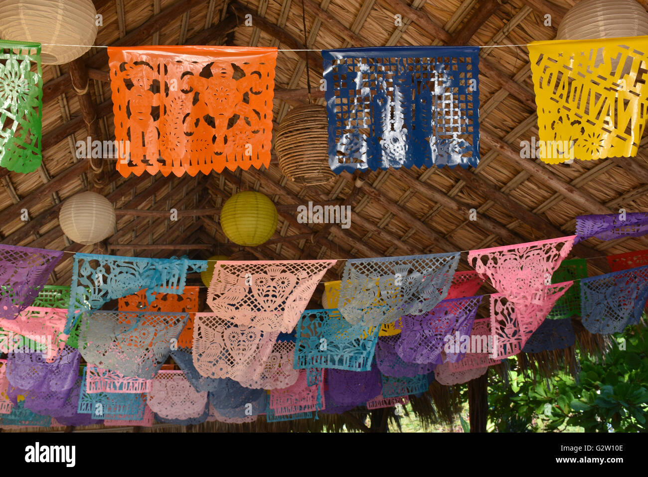 Laser cut paper decorations for a Mexican party in Mexico Stock Photo