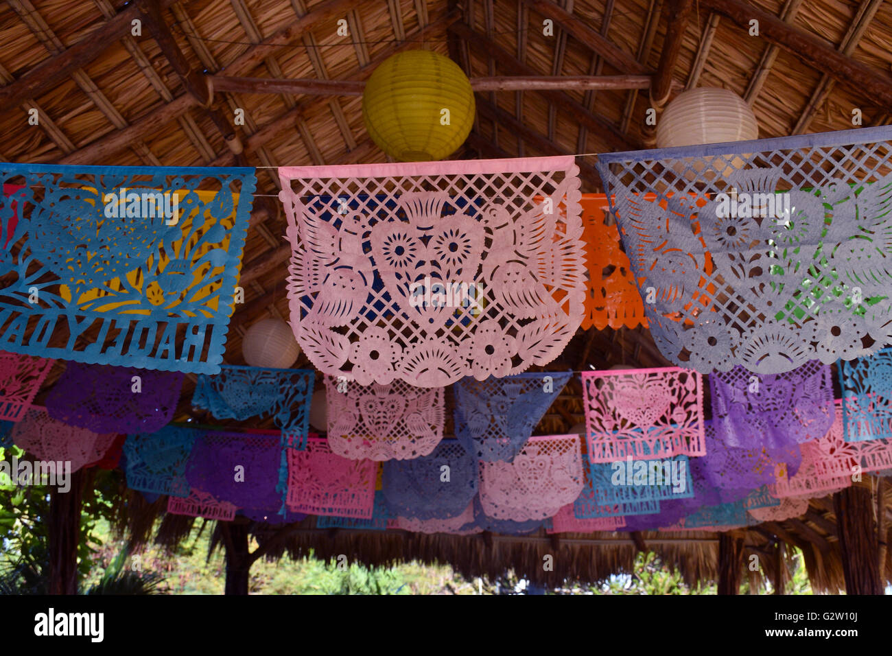 Laser cut paper decorations for a Mexican party in Mexico Stock Photo Alamy