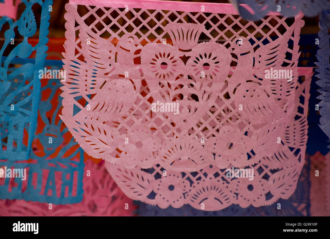 Laser cut paper decorations for a Mexican party in Mexico Stock Photo