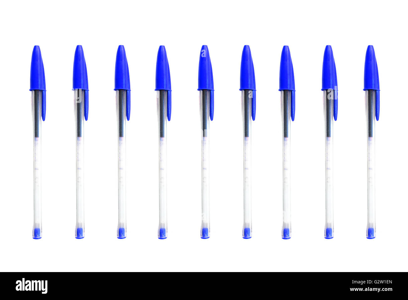 Blue biro pens photographed against a white background Stock Photo Alamy