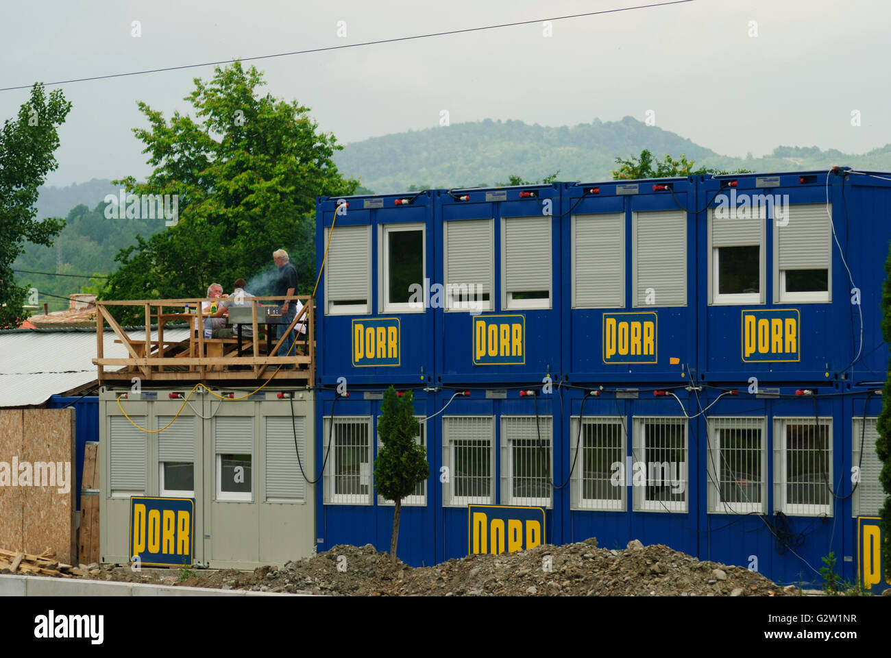 Station , construction of the Porr AG , employees barbecuing, Romania, Valahia, Wallachia, Walachia, Walachei , Campina Stock Photo