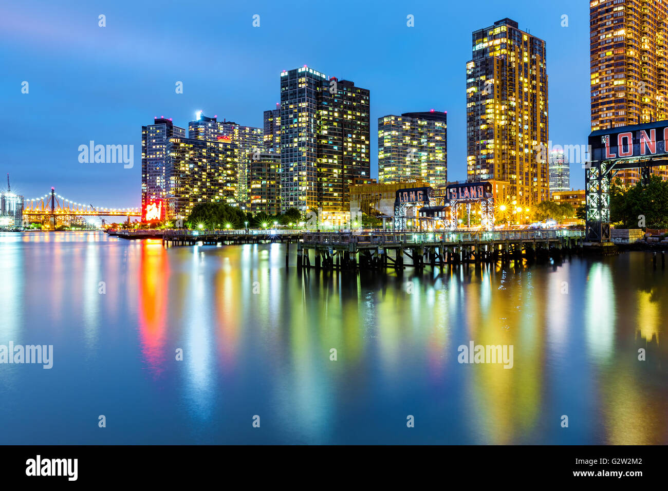 Long Island City skyline at dusk. LIC is the westernmost residential and commercial neighborhood of the NYC borough of Queens Stock Photo