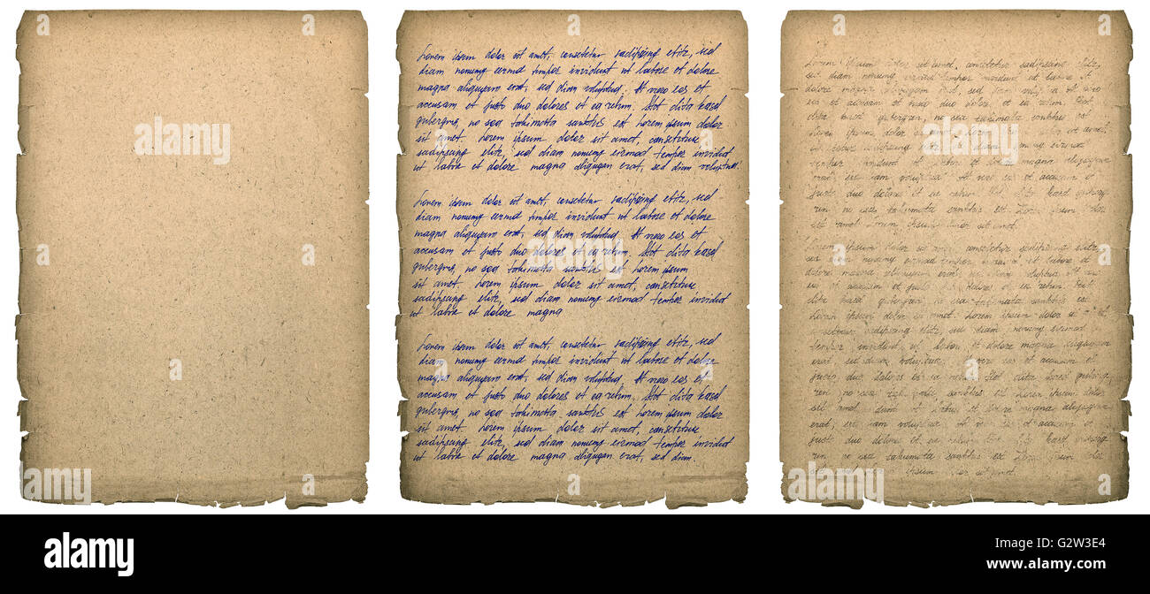 Old book page with worn edges isolated on white. Paper texture background. Handwritten letter. Latin text Lorem ipsum. Handwriti Stock Photo
