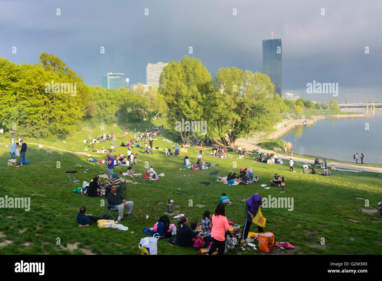 mainly Turkish and Arab families barbecuing at the Brigittenauer Bay Neue Donau before Donaucity and DC Tower 1, Austria, Vienna Stock Photo