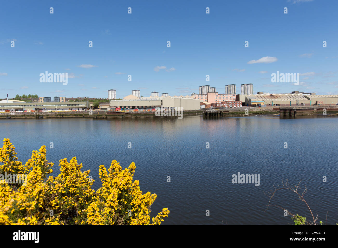 City of Glasgow, Scotland. The River Clyde with former shipbuilding sites, at South Street, in the background. Stock Photo