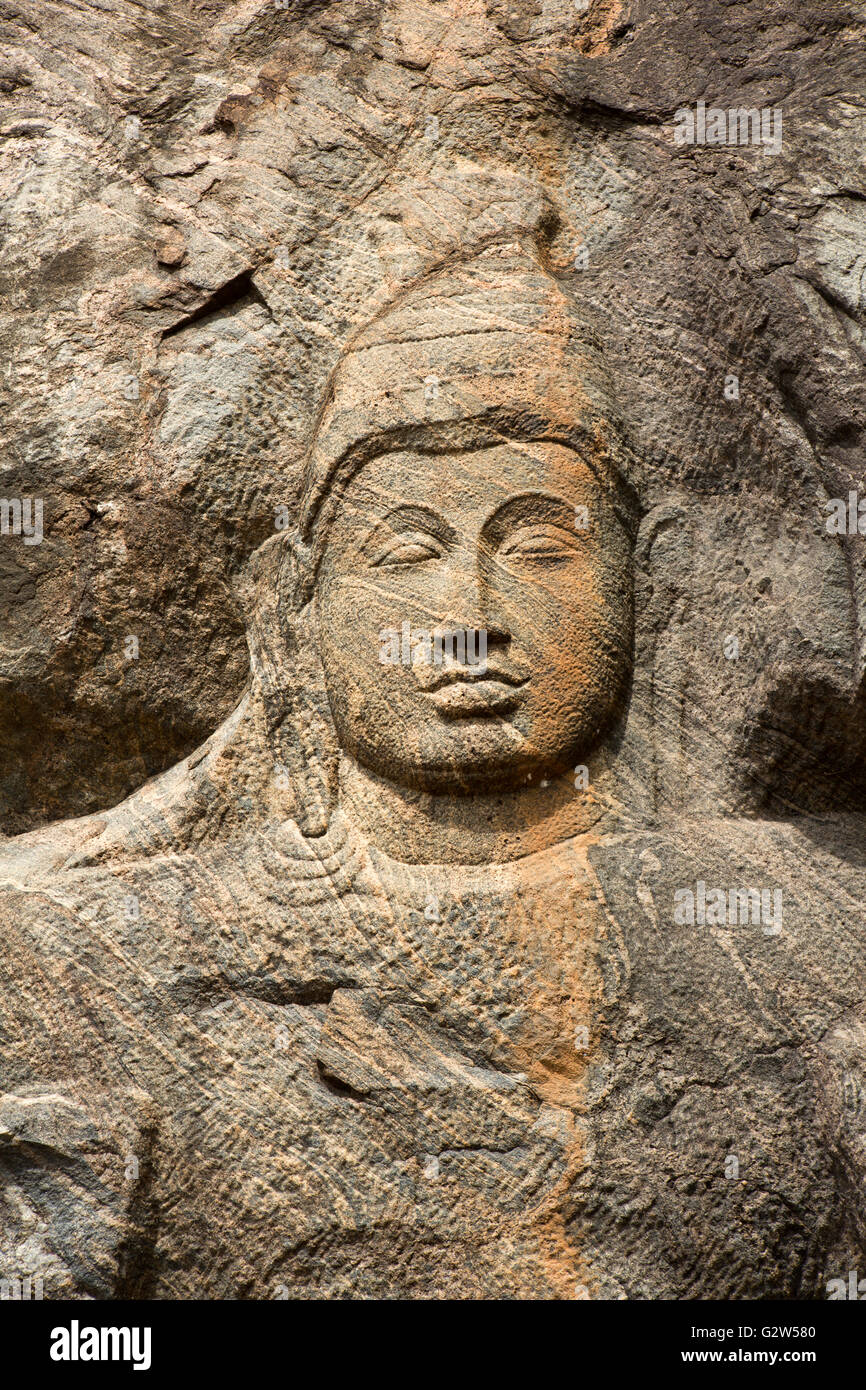 Sri Lanka, Buduruwagala, Buddhist temple complex Vajrapani Mahayana bodhisattva rock carving Stock Photo