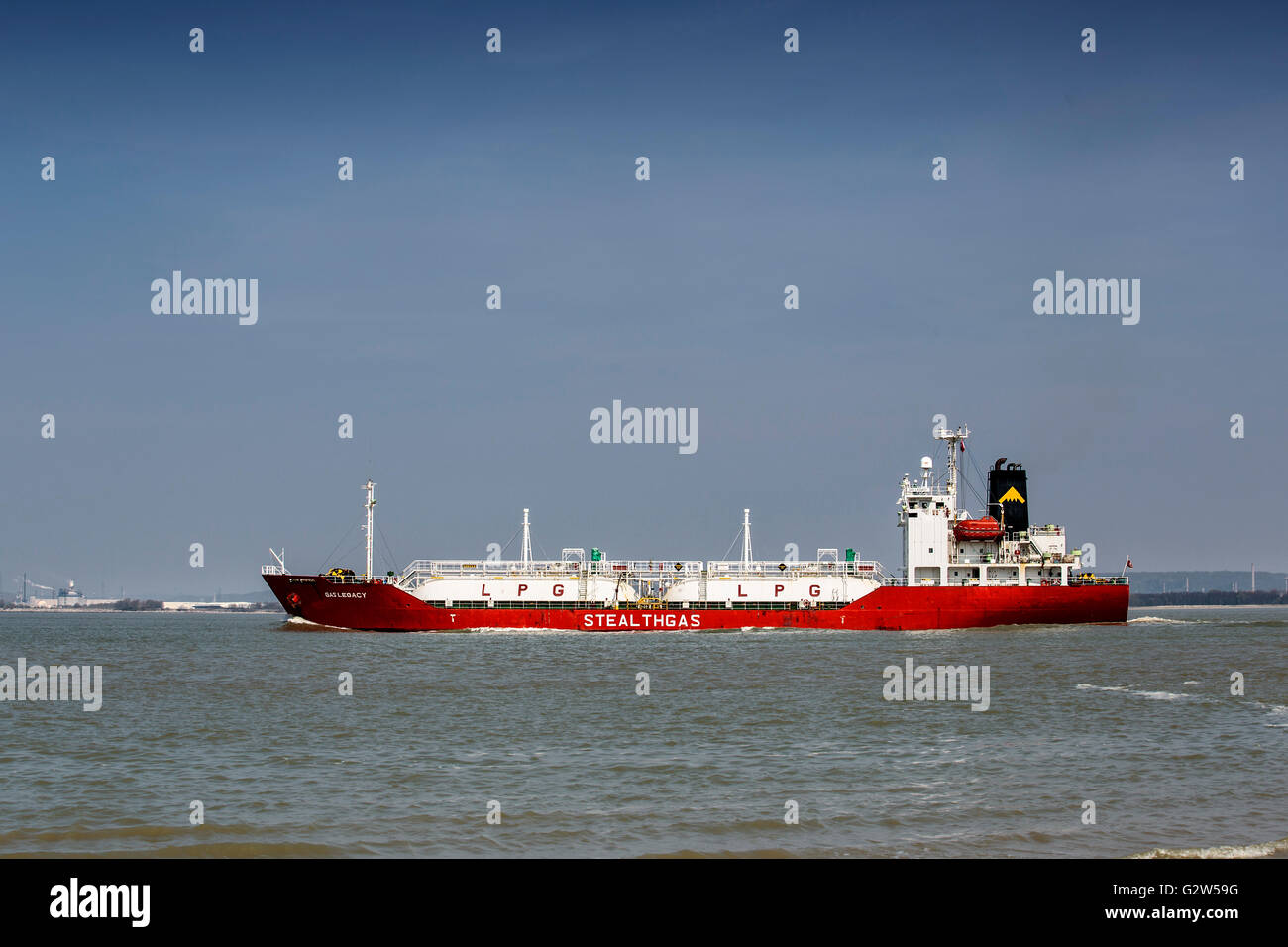 CALAIS, FRANCE - APRIL 8, 2015: LPG Gas Transport Ship leaving Calais, heading towards the English Channel Stock Photo