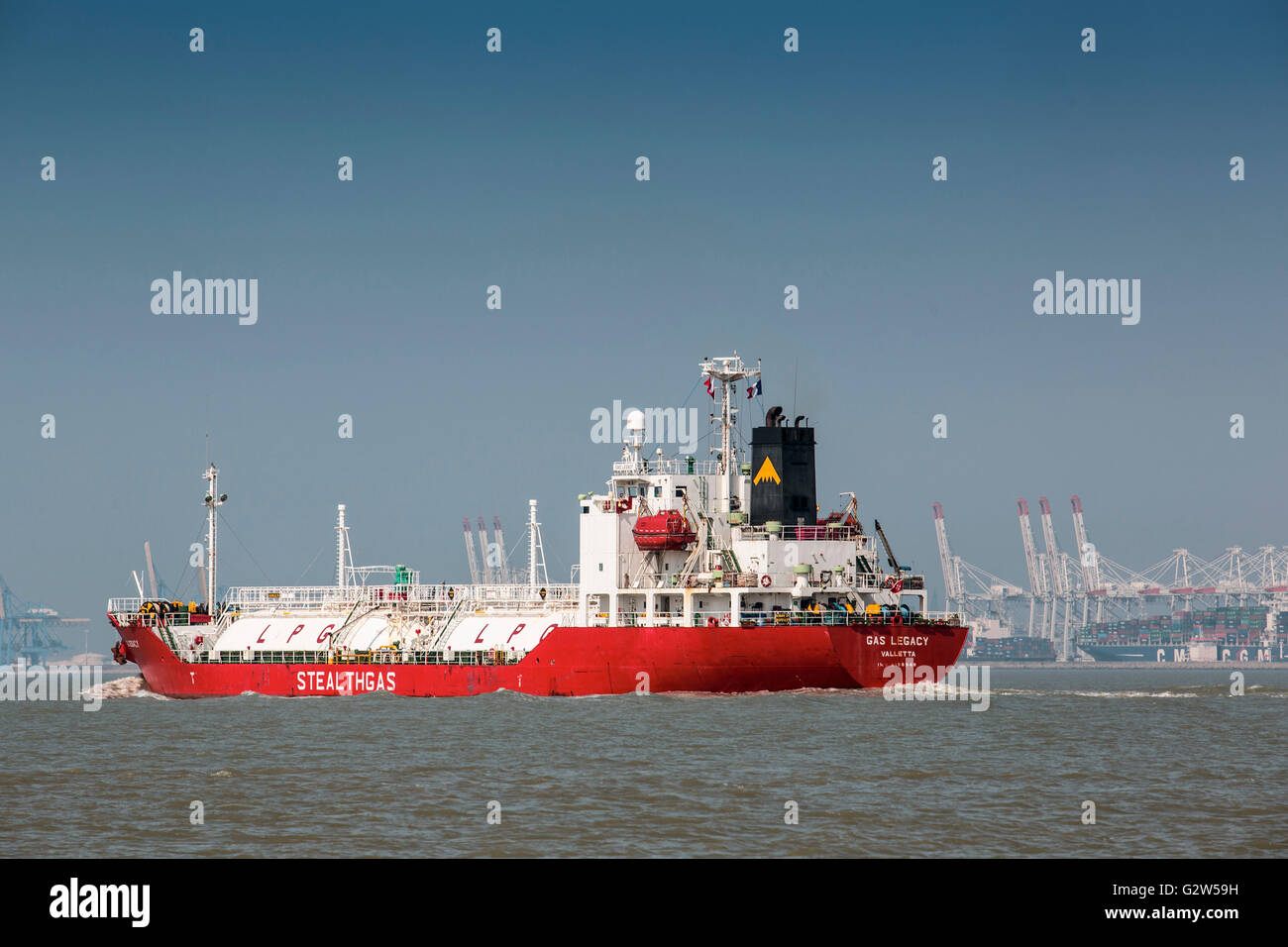 CALAIS, FRANCE - APRIL 8, 2015: LPG Gas Transport Ship leaving Calais, heading towards the English Channel Stock Photo