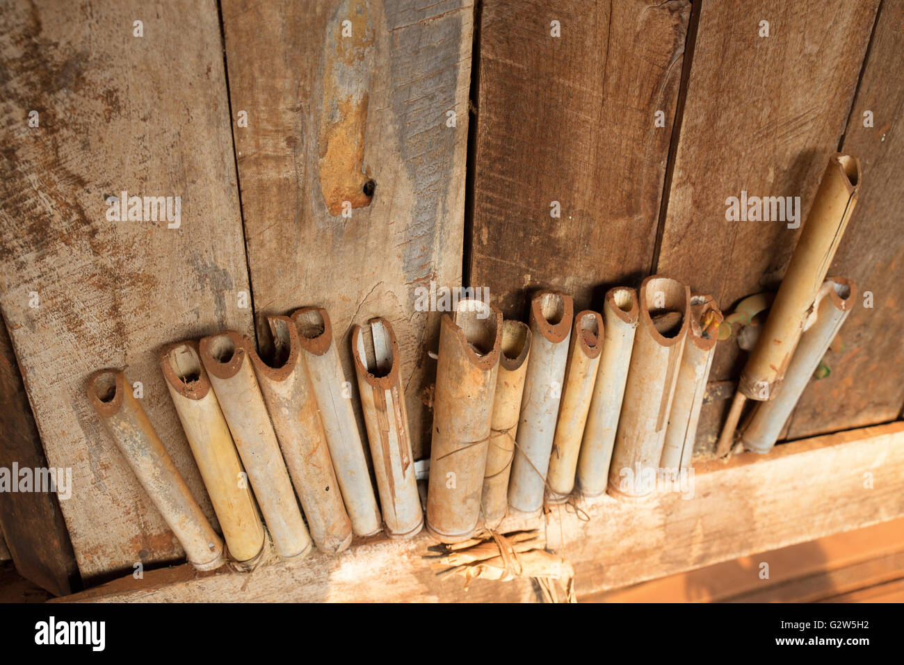 Bamboo sticks on a Kayah stilt house representing the age of the building, Dawtamakyi village, Kayan State, Myanmar Stock Photo