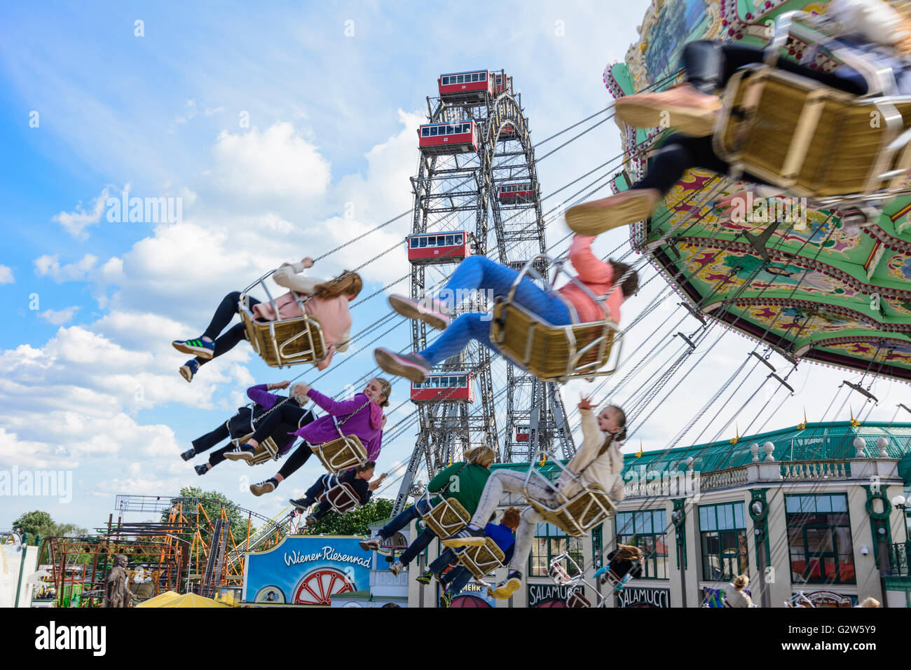 Ferris wheel in the Prater and karusell, Austria, Vienna, Wien Stock Photo