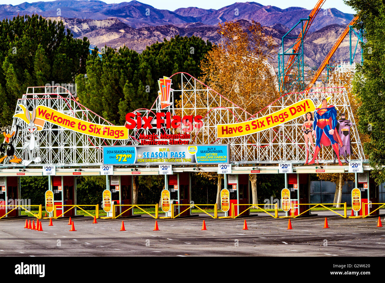 The entrance to Six Flags Magic Mountain in Santa Clarita California Stock Photo