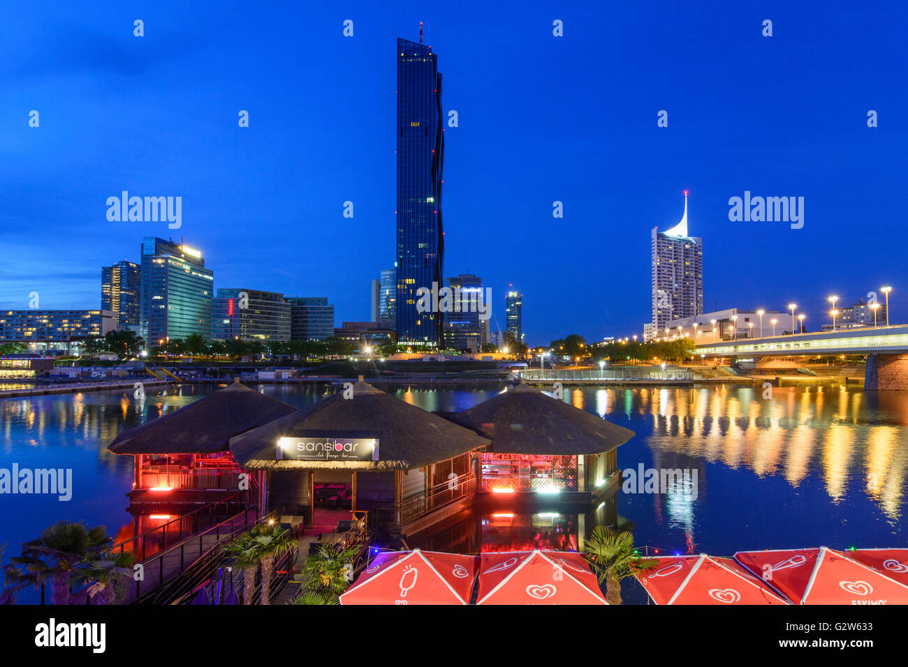 Neue Donau with the places of amusement of the Copa Cagrana and the Sunken City on the Danube Island , with Donaucity , DC Tower Stock Photo