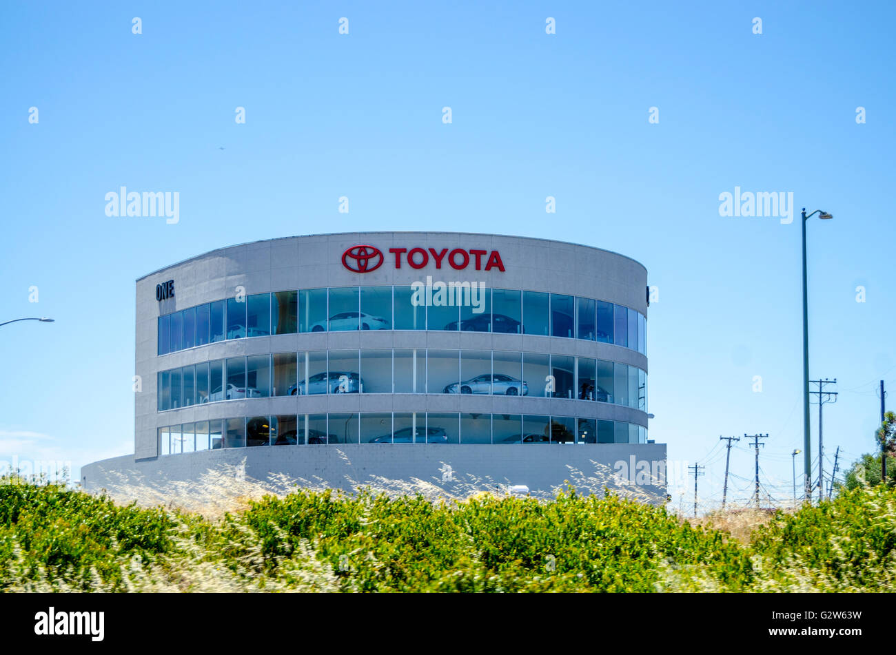 A multi story Toyota Dealership in Oakland California Stock Photo