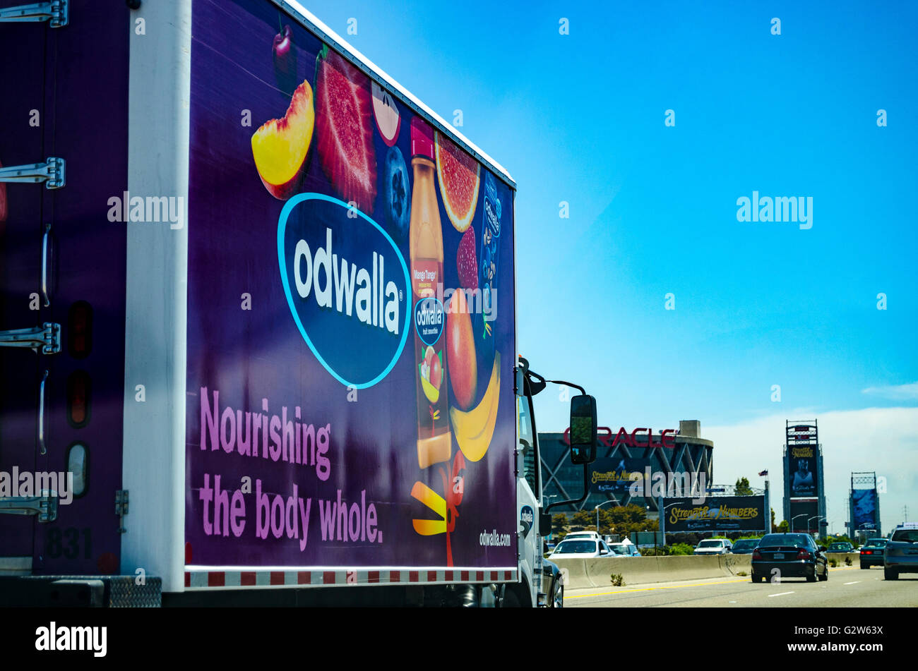An Odwalla truck in Oakland California near the Oracle arena on Interstate 880 Stock Photo