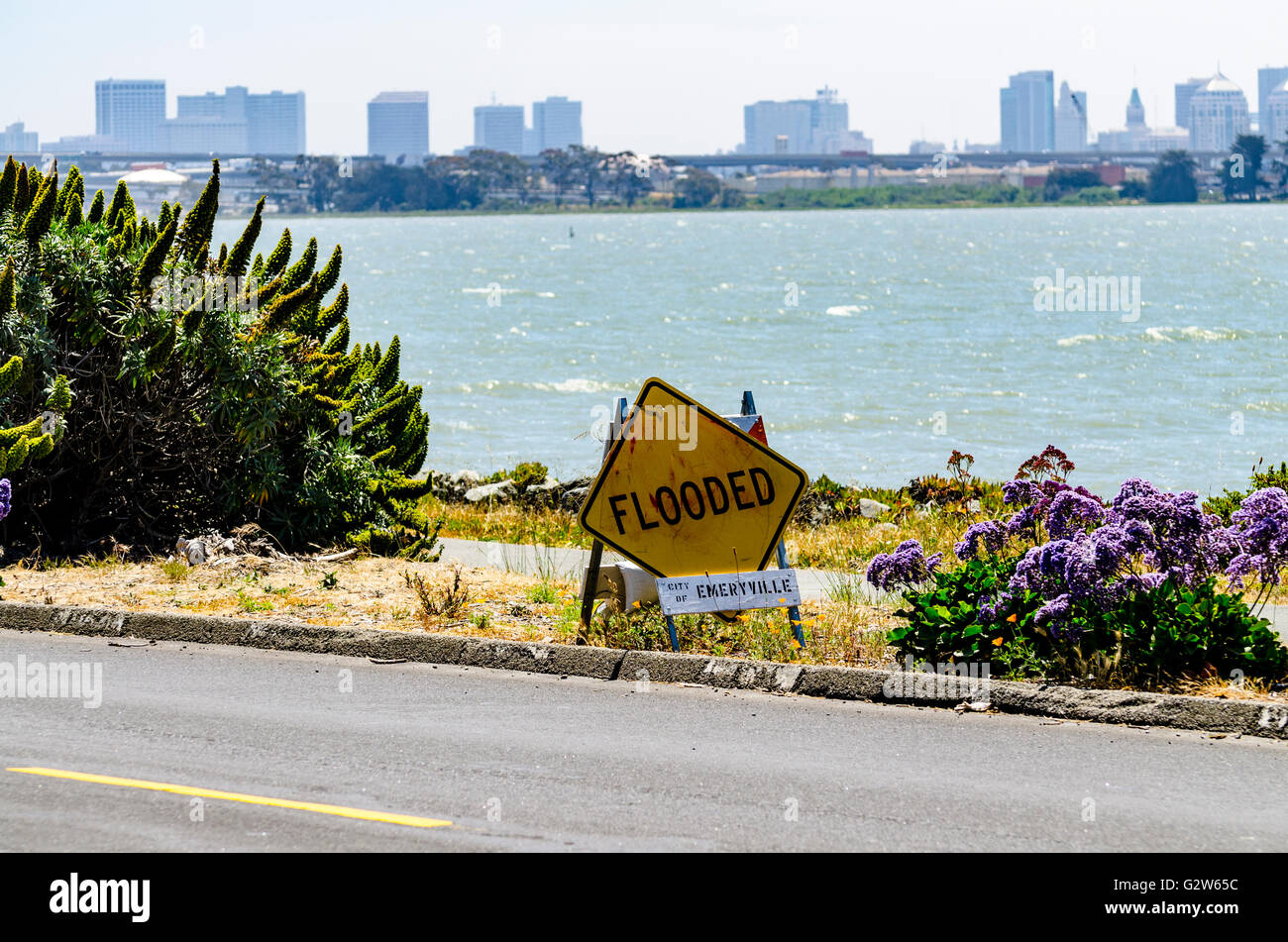 A flooded sign along Powell Street in Emeryville California with the