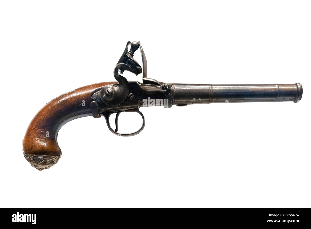 One of apair of flintlock pistols said to have been given by Captain Thomas Hardy to Admiral Nelson.  Although the pistols are inscribed  'To Adm Lord Nelson/From his Friend/Captain Hardy/June 18 - 1801', there is doubt as to the authenticity of this inscription. Made by B Griffin, c.1760. Stock Photo