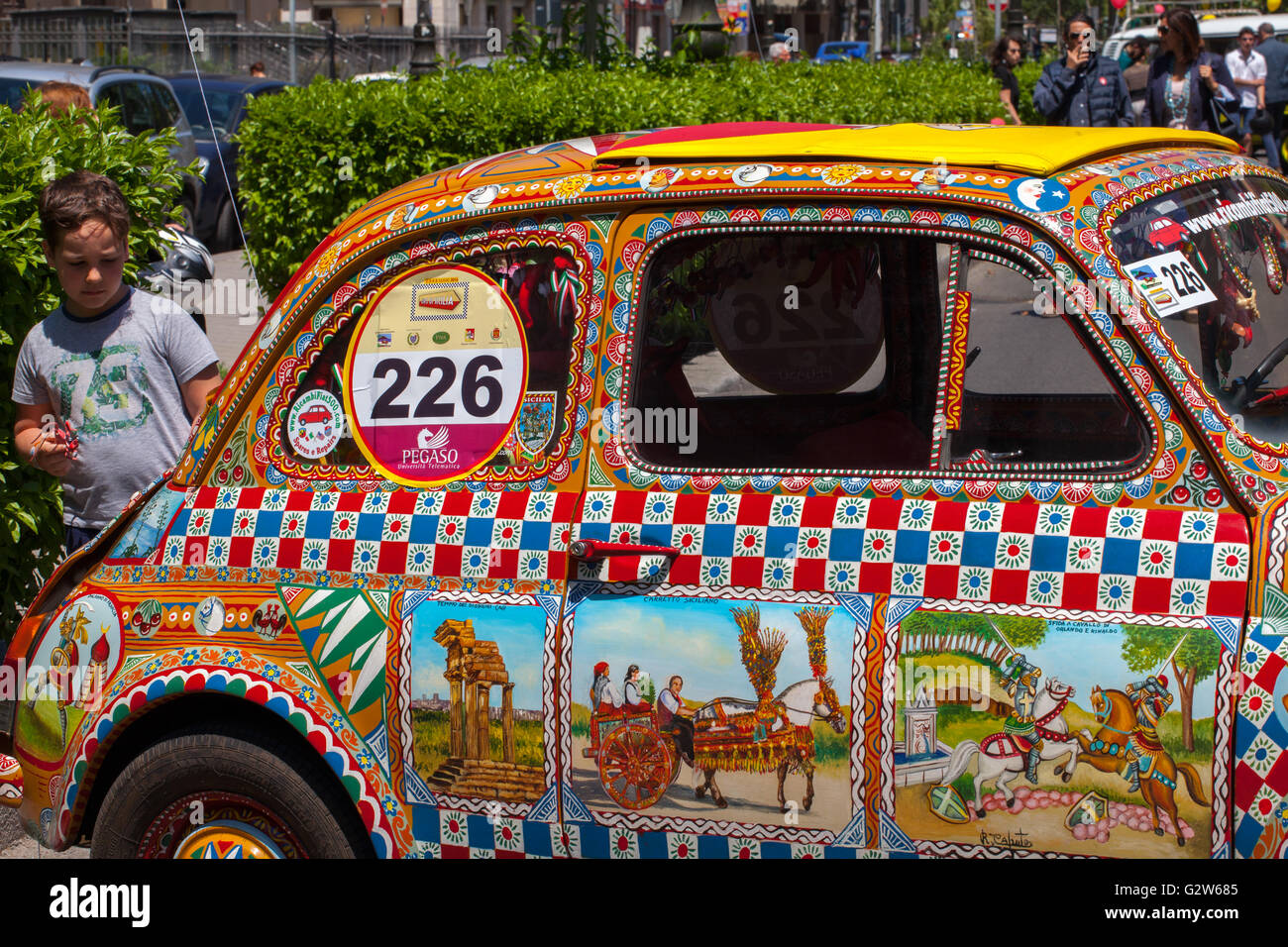 XXVI edition of the 'Giro di Sicilia': FIAT 500 in the Sicilian cart style painted by the artist Roberto Caputo. Stock Photo