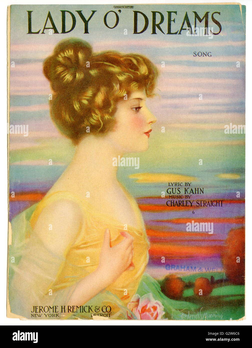 Piano sheet music cover for “Lady o’ Dreams” by Gus Kahn and Charley Straight. Published by Jerome H Remick and Company New York Stock Photo