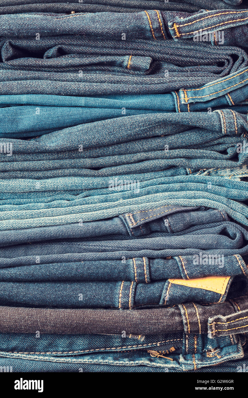 Stacked fashion blue jeans closeup Stock Photo