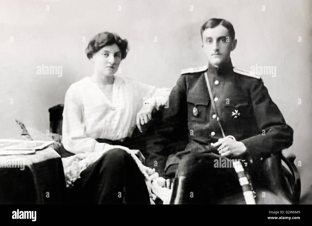Princess Nadejda Petrovna of Russia (1898-1988) and her husband Prince Nicholas Vladimirovich Orlov (1891–1961) in a studio photograph taken in Crimea after the February revolution of 1917. They were both rescued from Yalta in 1919 by the HMS Marlborough and lived the remainder of their lives in exile. Stock Photo
