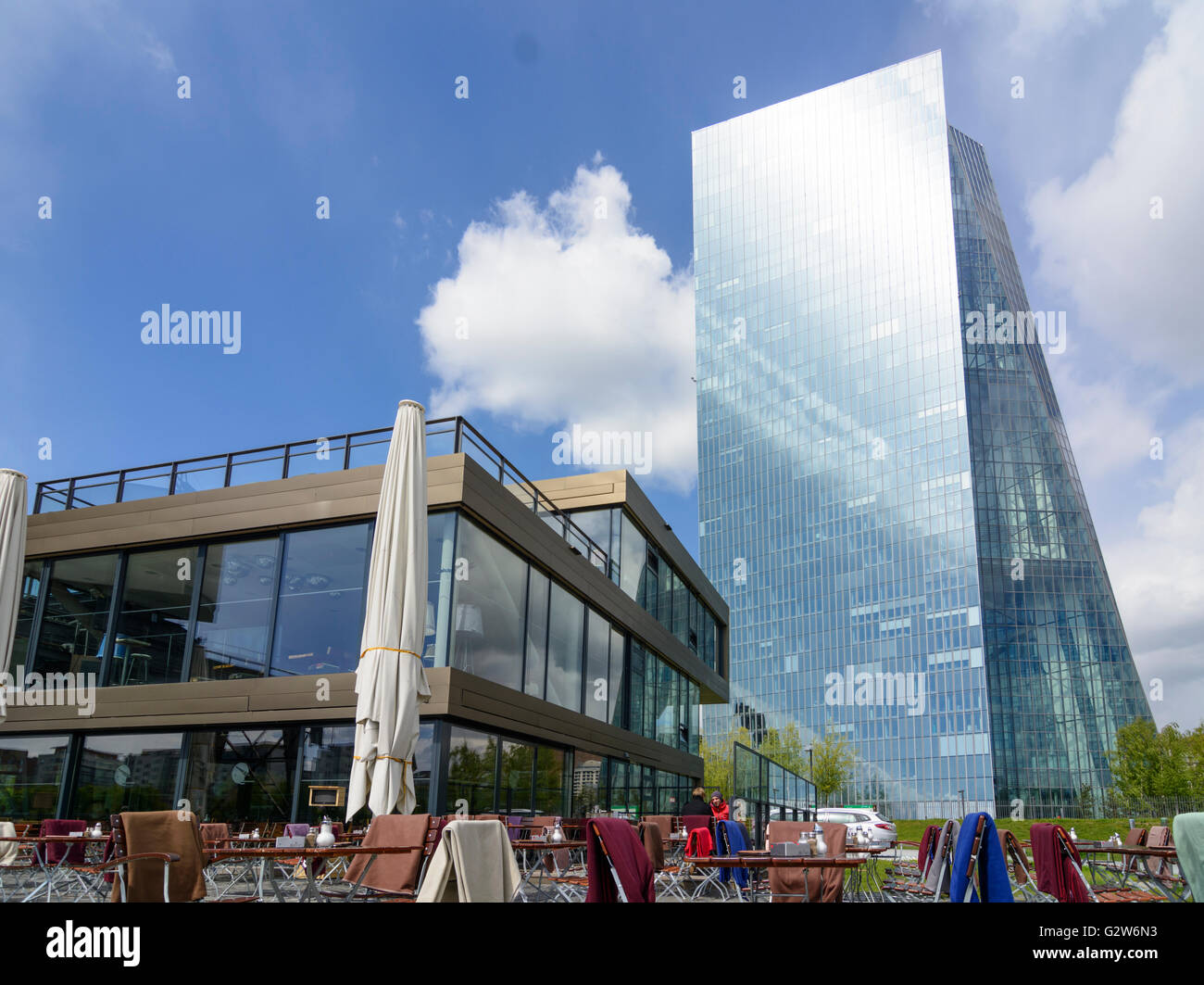 European Central Bank ( ECB ) , former Weseler shipyard with Restaurant ' Oosten ', Germany, Hessen, Hesse , Frankfurt am Main Stock Photo