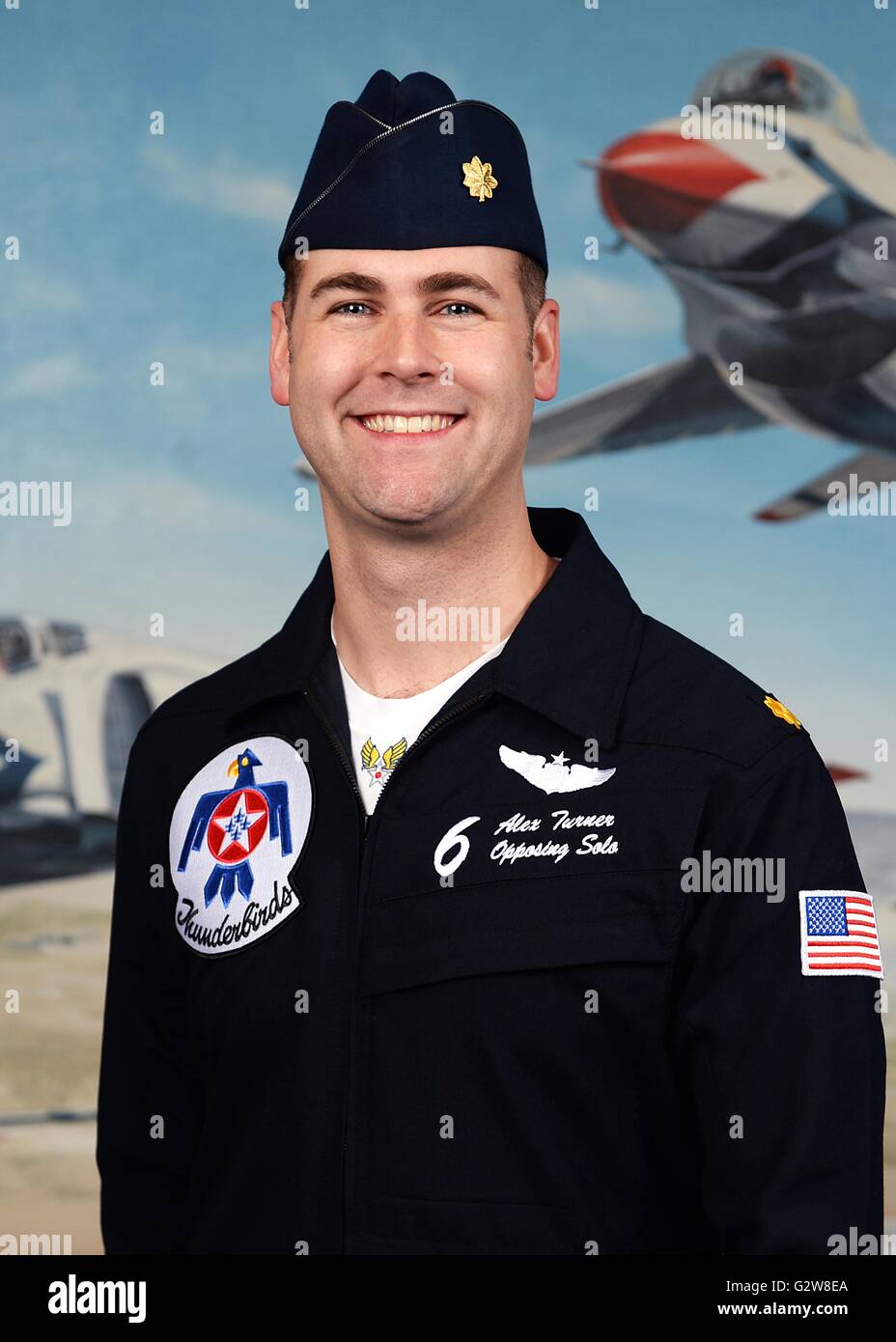 U.S Air Force Thunderbirds F-16 Fighting Falcon fighter pilot Maj. Alex Turner January 7, 2016. Shortly after performing a flyover at the USAF Academy graduation on June 2, 2016 Turner's aircraft went down in a field. Turner walked away after safely ejecting. Credit:  Planetpix/Alamy Live News Stock Photo