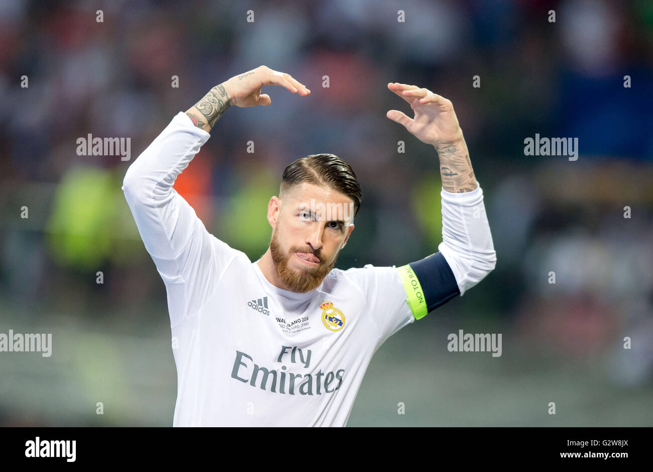 Milan, Italy. 28th May, 2016. Real's Sergio Ramos reacts during the UEFA Champions League final soccer match Real Madrid vs Atletico Madrid in Milan, Italy, 28 May 2016. Photo: Thomas Eisenhuth/dpa - NO WIRE SERVICE -/dpa/Alamy Live News Stock Photo