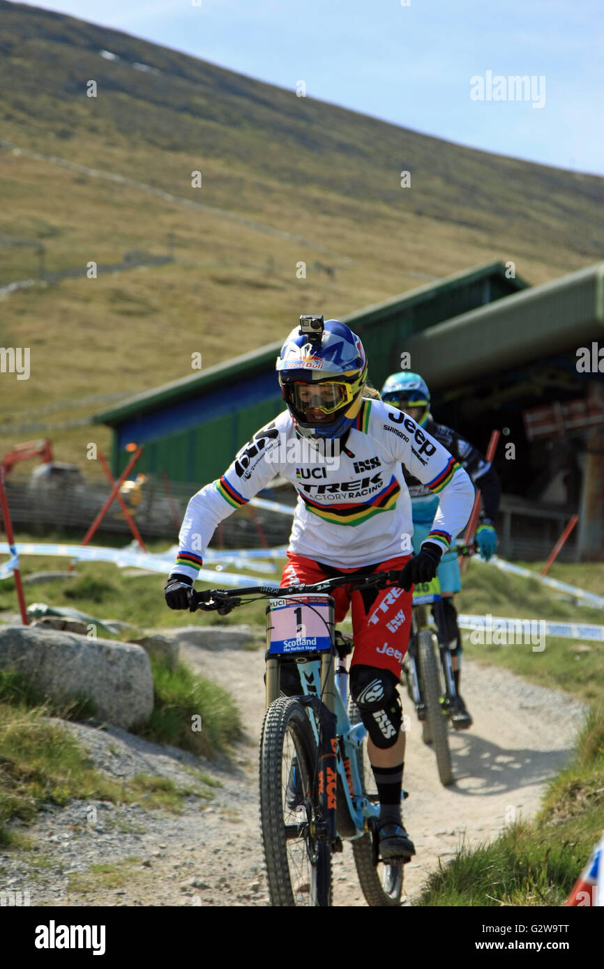 Fort William, UK. 03rd June, 2016. Rachel Atherton practicing on the course for the Downhill Mountain Bike World Cup at Fort William, Scotland on June 3rd 2016. Credit:  Malcolm Gallon/Alamy Live News Stock Photo