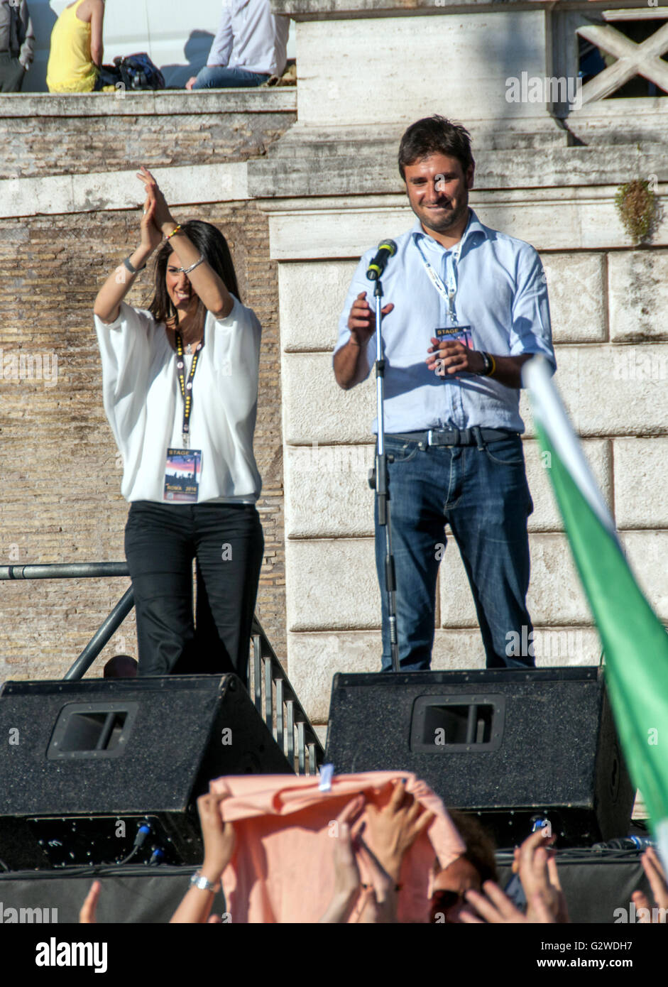 Rome, Italy. 03rd June, 2016. The candidate for mayor of Rome Virginia Raggi and Alessandro Battista of the Movement 5 Stars on the stage in Piazza del Popolo for the final rally of the campaign Credit:  Patrizia Cortellessa/Alamy Live News Stock Photo