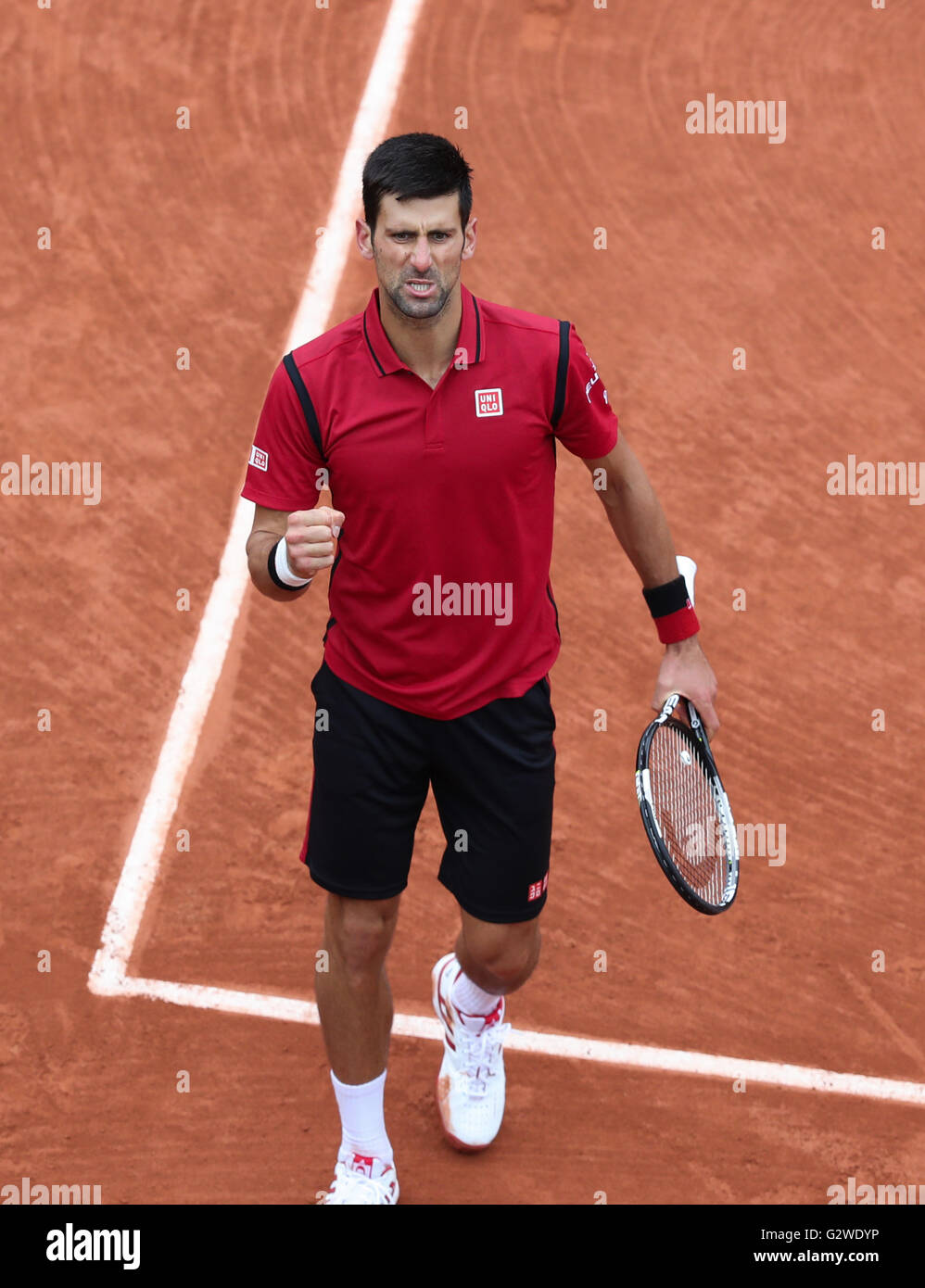 Paris, France. 3rd June, 2016. Novak Djokovic of Serbia reacts during the men's  singles semifinal against Dominic Thiem of Austria on day 13 of 2016 French  Open tennis tournament at Roland Garros,