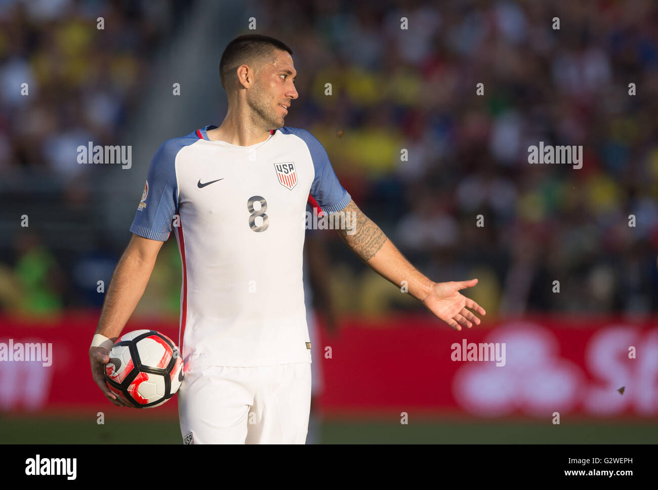 Santa Clara, USA. 3rd June, 2016. U.S. player Clint Dempsey reacts during the opening match of Copa America Centenario between Colombia and the United States at the Levi's Stadium in Santa Clara, California, the United States, June 3, 2016. Colombia won 2-0. Credit:  Yang Lei/Xinhua/Alamy Live News Stock Photo