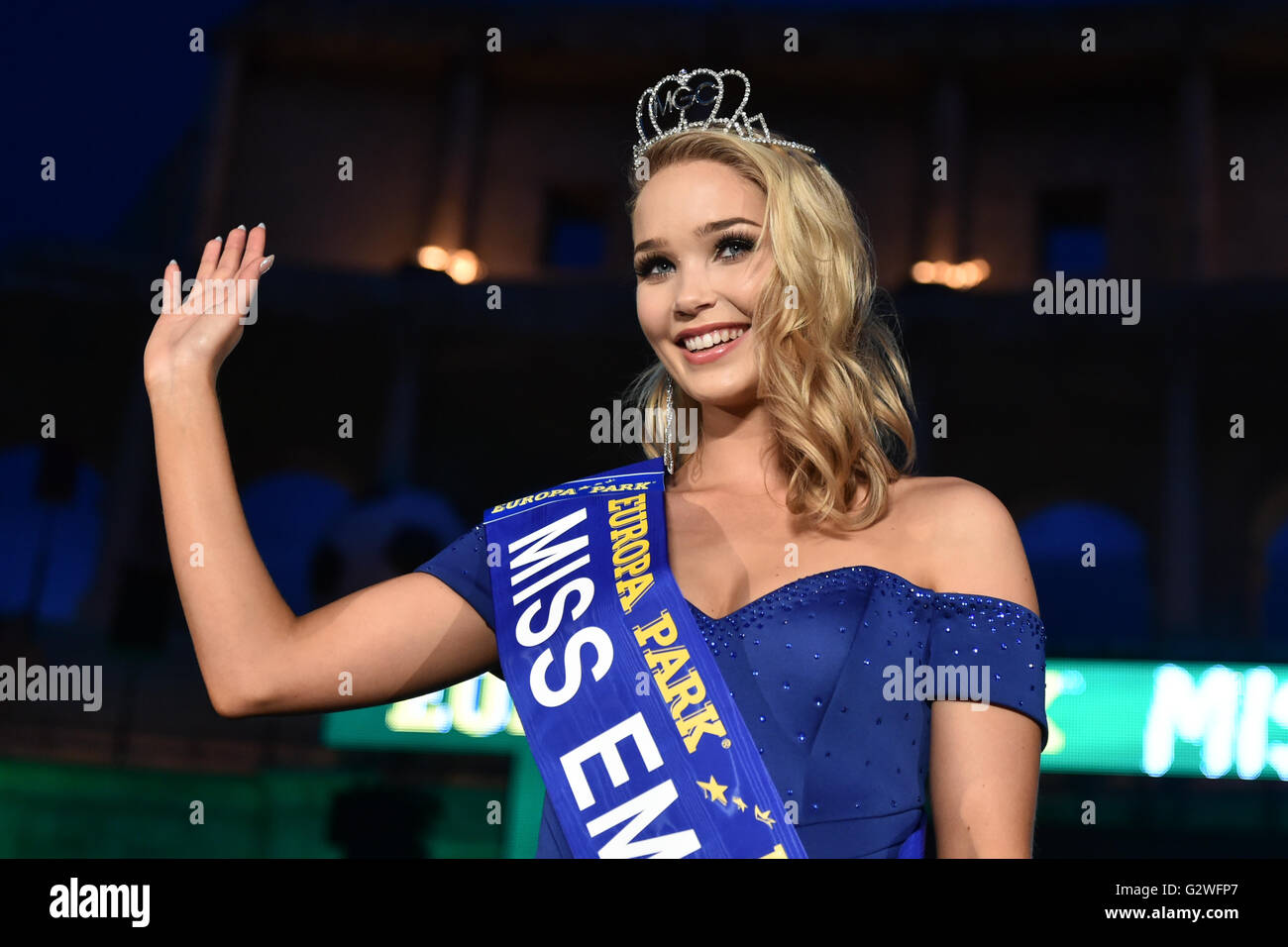 Rust, Germany. 03rd June, 2016. Arna Yr Jonsdottir from Iceland, winner of the 'Miss EM 2016' (Miss Euro 2016) competition celebrates on stage in Rust, Germany, 03 June 2016. The competition included 24 representatives from each country competing in the upcoming UEFA Euro 2016. Photo: UWE ANSPACH/dpa/Alamy Live News Stock Photo