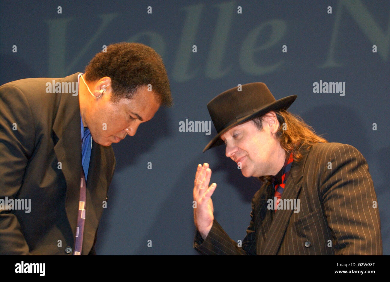 FILE - A file picture dated 28 June 2002 shows US boxing legend Muhammad Ali (L) and German musician Udo Lindenberg greeting each other in Riesa, Germany. Born Cassius Clay, boxing legend Muhammad Ali, dubbed 'The Greatest, ' died on 03 June 2016 in Phoenix, Arizona, USA, at the age of 74, a family spokesman said. Photo: Matthias Hiekel/dpa Stock Photo