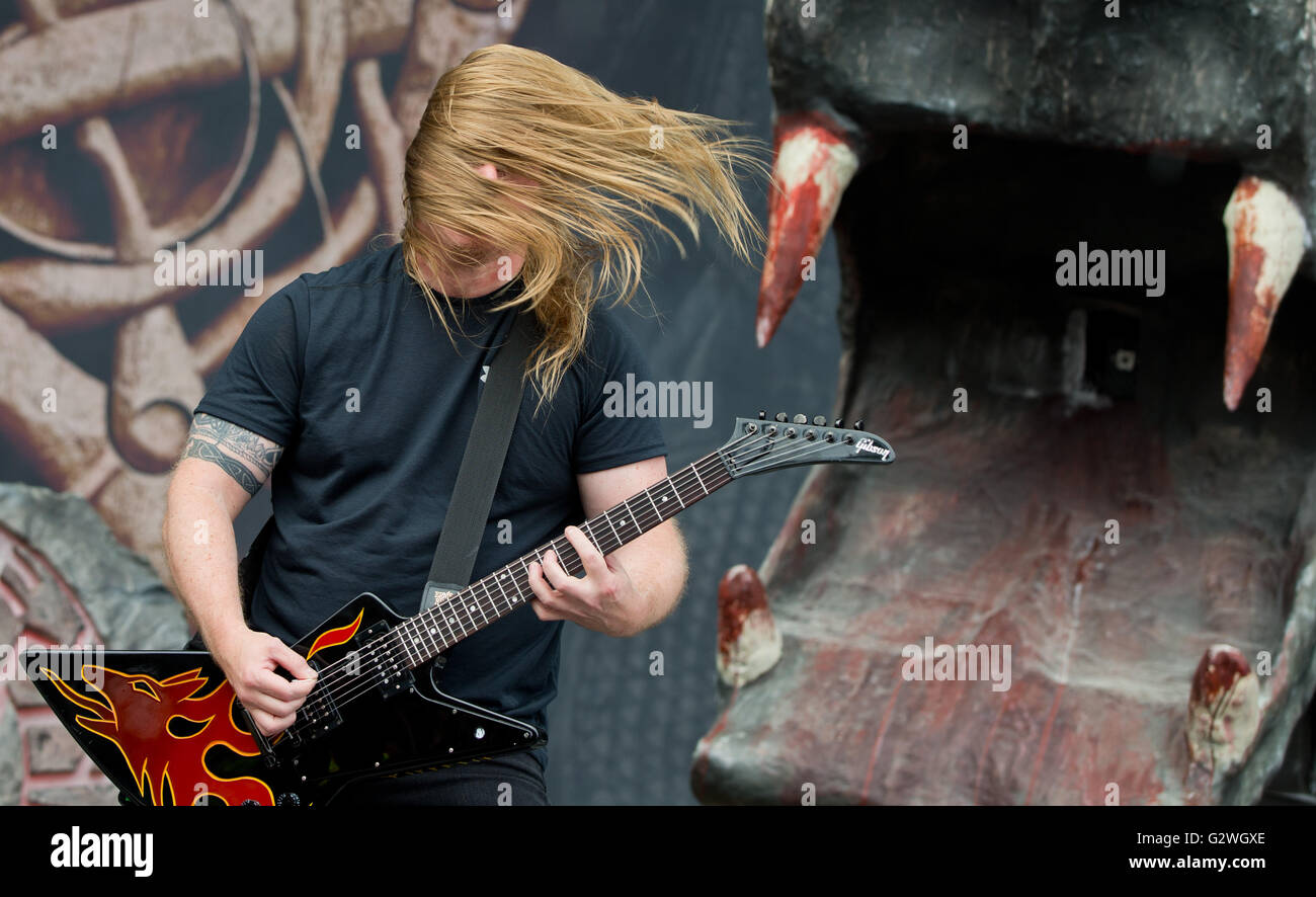 Nuremberg, Germany. 04th June, 2016. Swedish death metal band Amon Amarth  performs at the Rock im Park music festival in Nuremberg, Germany, 04 June  2016. More than 80 bands are set to