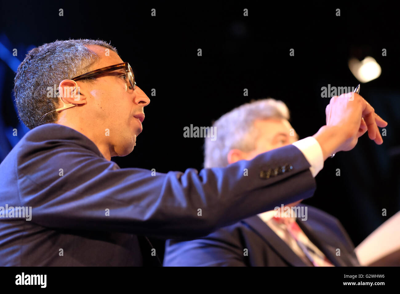 Hay Festival, Wales, UK - Saturday 4th June 2016 -  Kamal Ahmed the BBC Economics Editor on stage at Hay chairing an event with Mark Price the Minister of State for Trade and Investment. Stock Photo