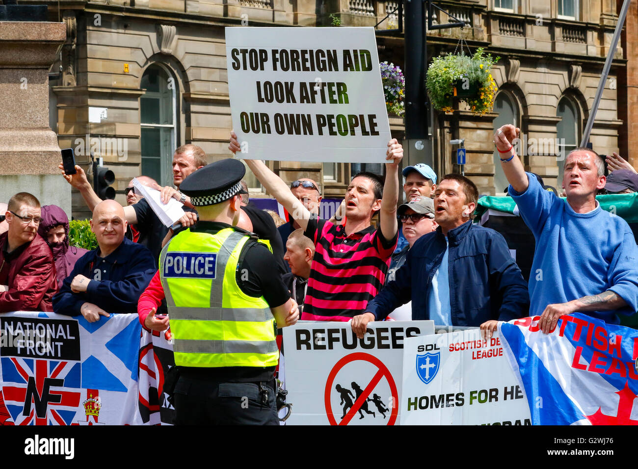 The Scottish Defence League held a rally in George Square, Glasgow  protesting about immigration. A counter demonstration was held by  supporters of immigration and migrants and the two groups were kept apart