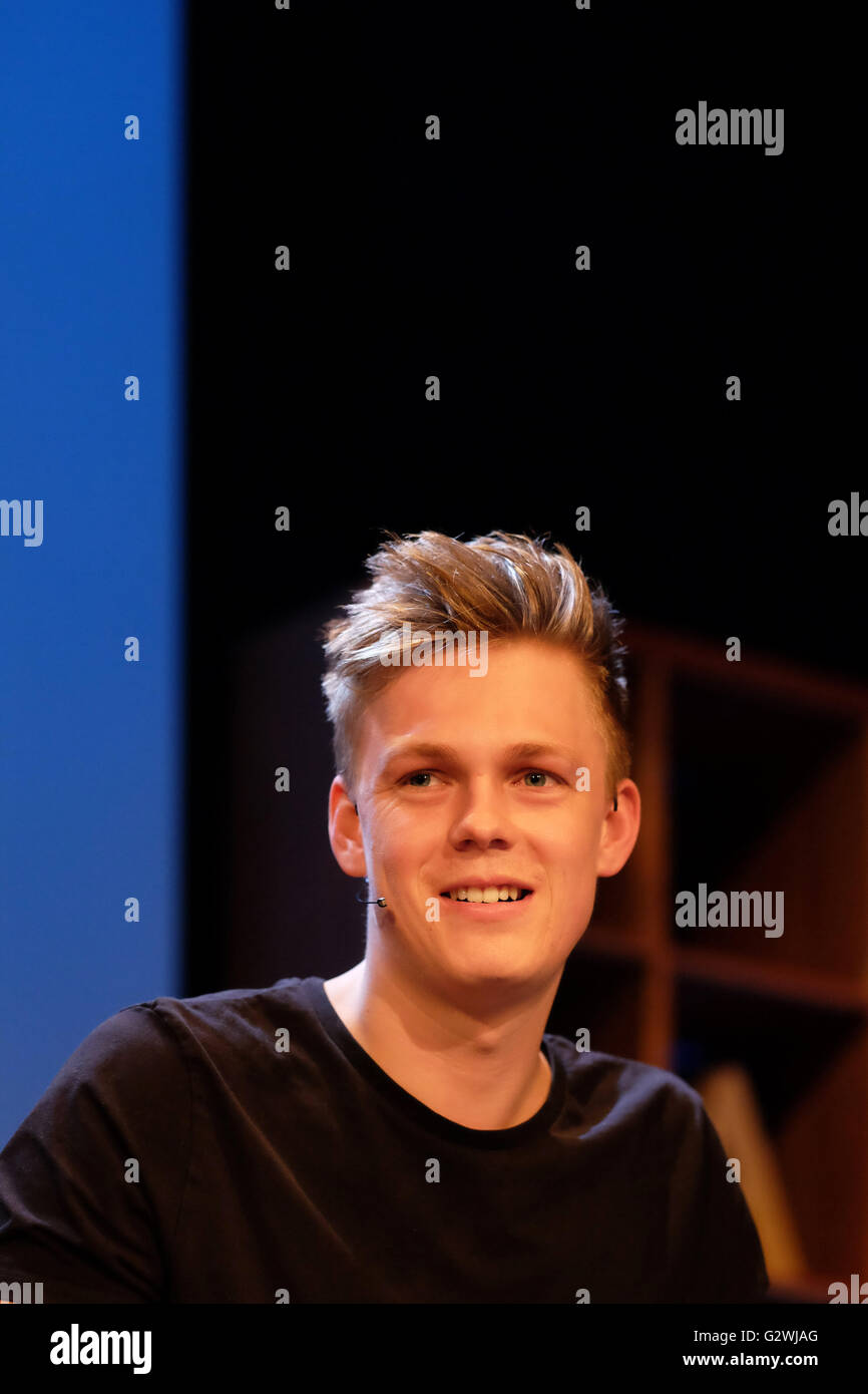 Hay Festival, Wales, UK - Saturday 4th June 2016 -  Caspar Lee the young Youtube and social media sensation on stage to promote his new book called Caspar Lee - The Book. Stock Photo