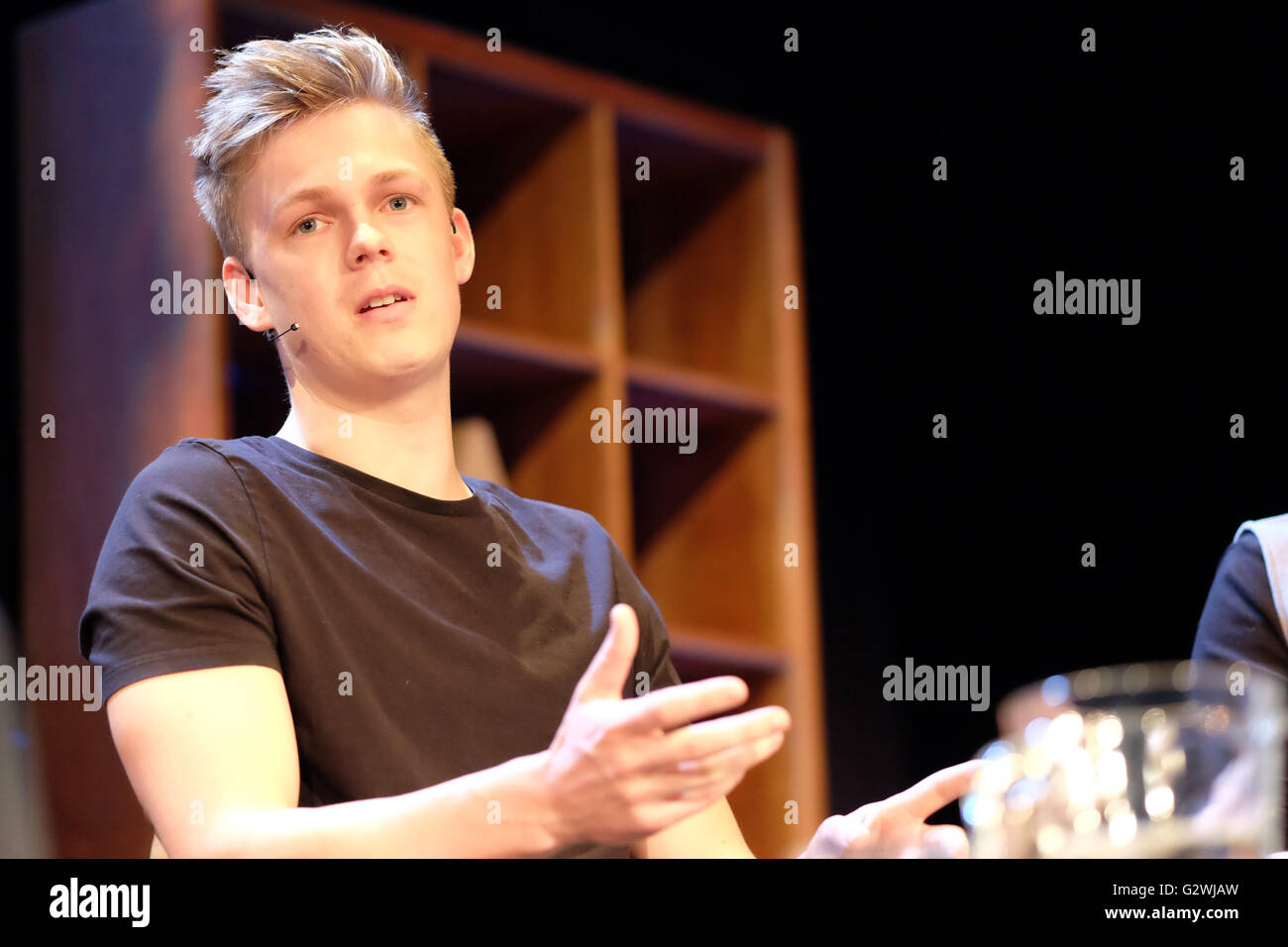 Hay Festival 2016, Wales, UK - Saturday 4th June 2016 -  Caspar Lee the young Youtube and social media sensation on stage to promote his new book called Caspar Lee - The Book. Stock Photo