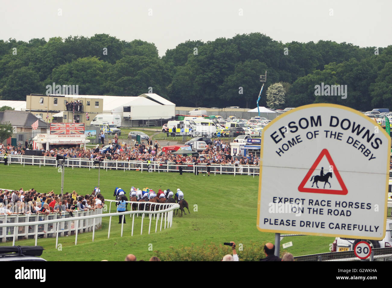 Epsom Downs, Surrey, UK  The field rounds the famous Tattenham Corner at The 2016 Investec DERBY Stock Photo