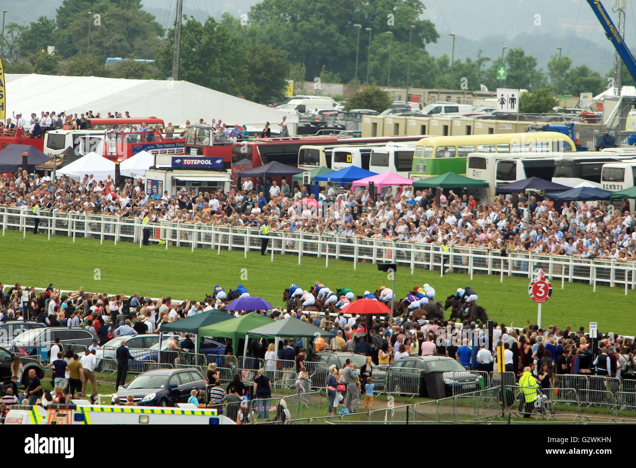 Epsom Downs, Surrey, UK  The field heads up the finishing straight at The 2016 Investec DERBY Stock Photo