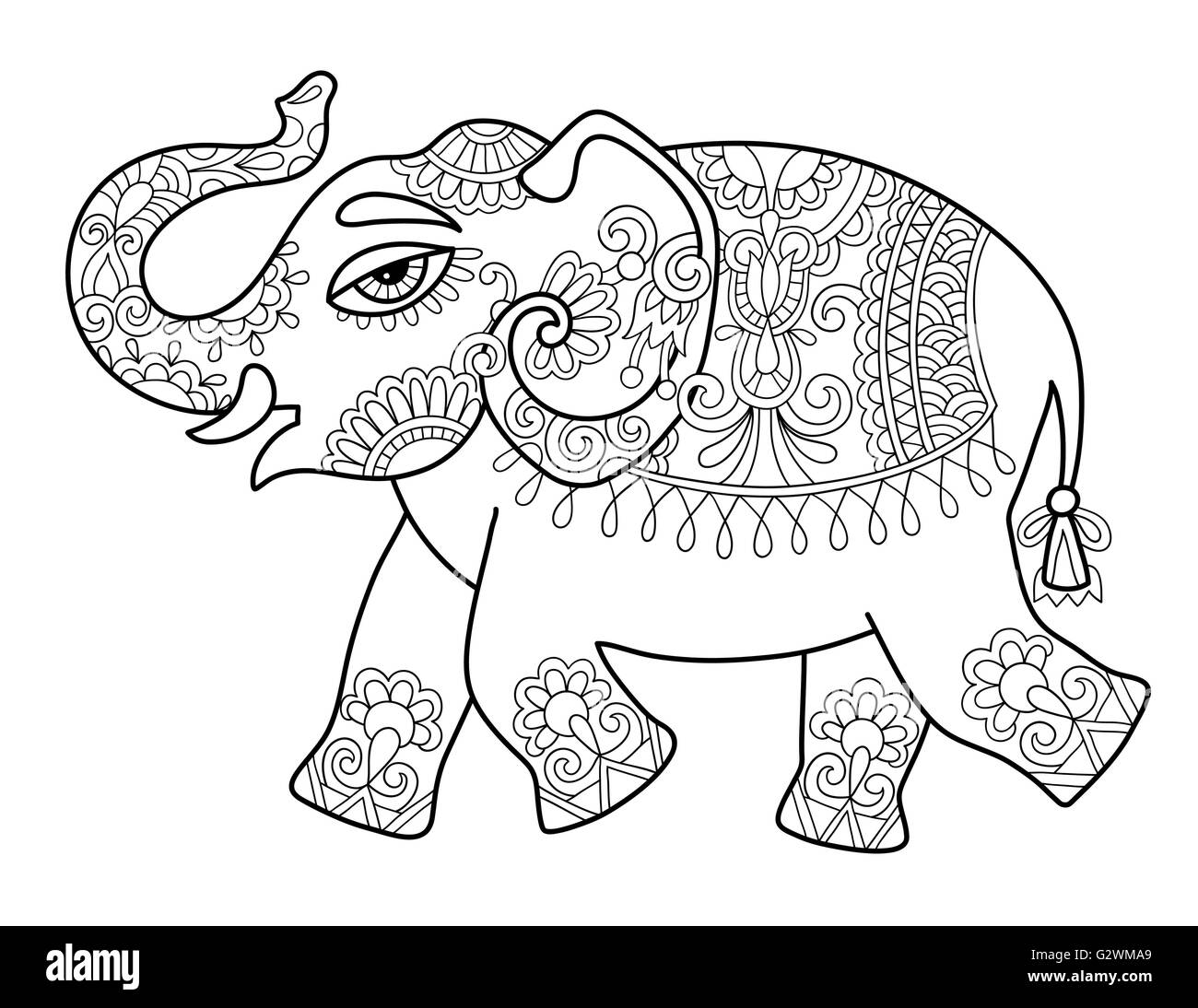 ethnic indian elephant line original drawing, adults coloring bo ...