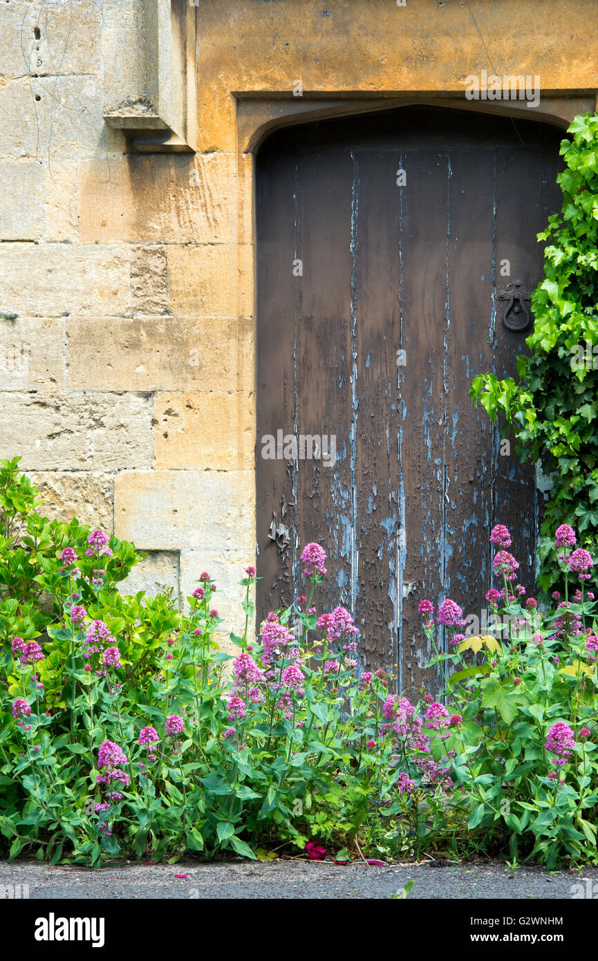 Old cottage door and red valerian flowers in spring in Stanton, Gloucestershire, England Stock Photo