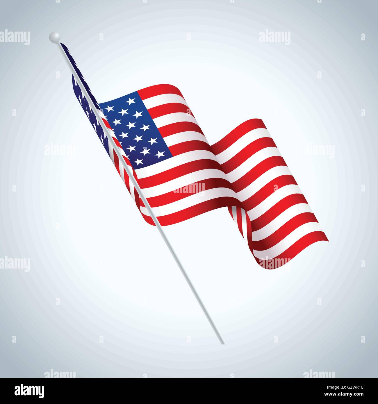 A realistic illustration of an American flag on a flag pole waving in ...