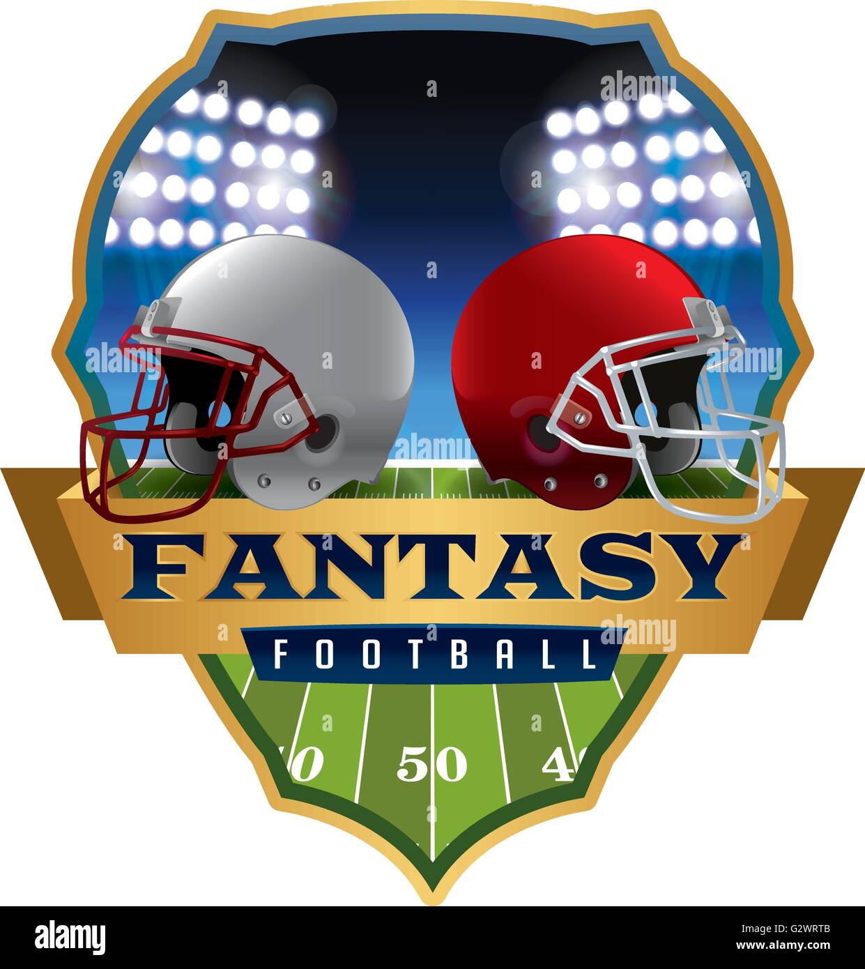 An illustration of an American fantasy football helmets and badge
