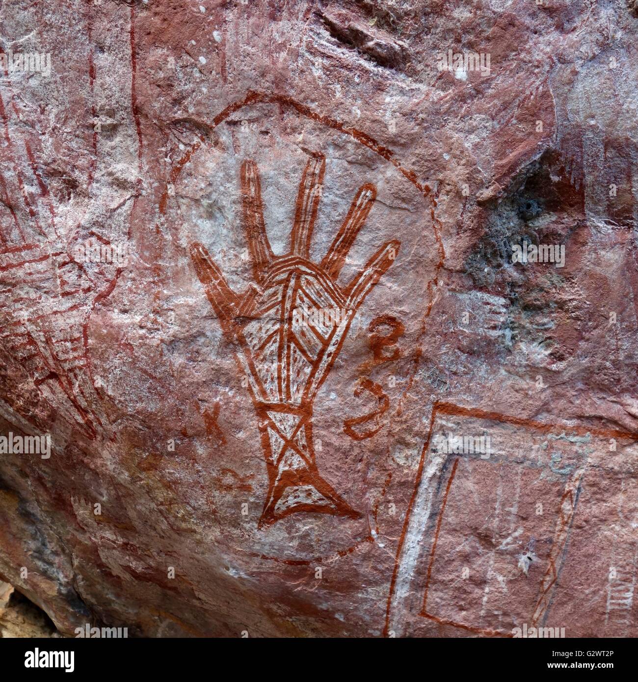 Ancient Aboriginal cave paintings known as 'rock art' found at Mount Borradaile, West Arnhem Land, Northern Territory, Australia Stock Photo