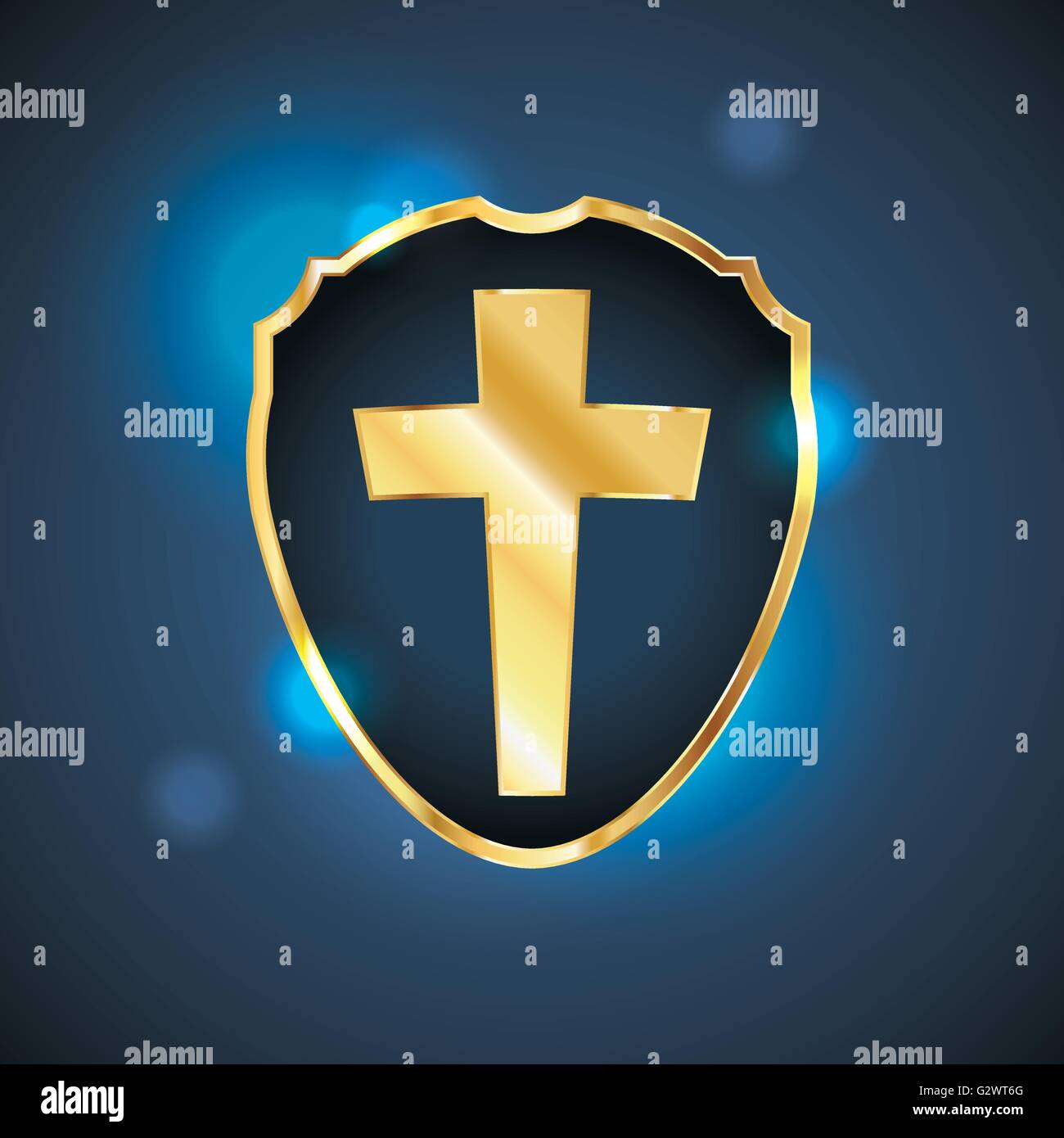 A shield or badge shape containing a gold colored Christian cross ...
