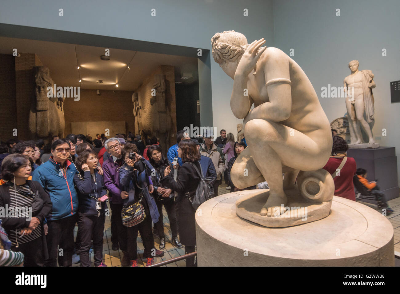 Tourist group in British Museum,   guided tour of museum, Stock Photo