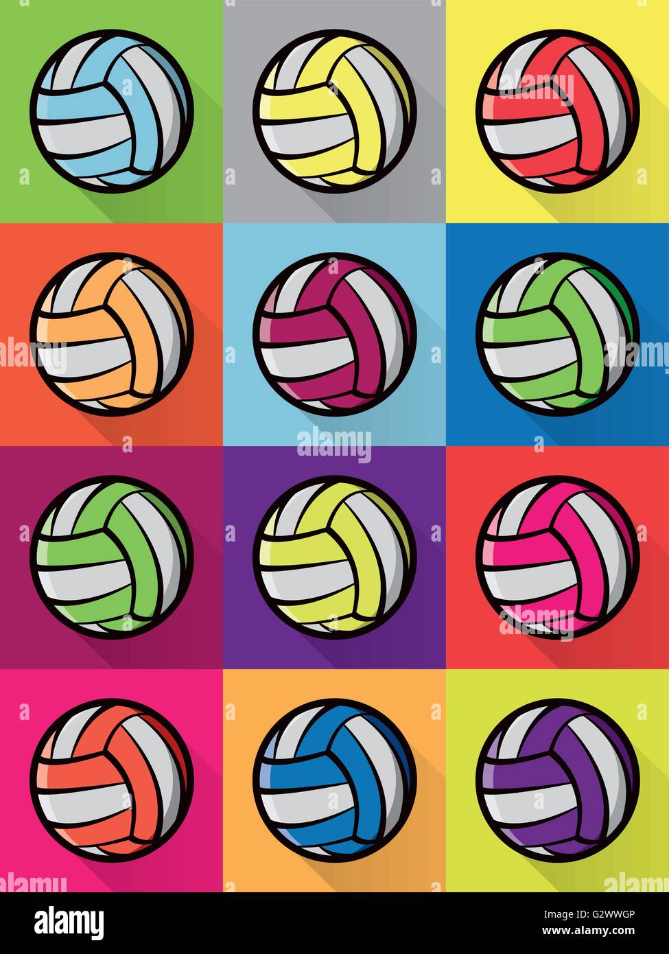 Colorful volleyball icons checkered in various bright background colors ...