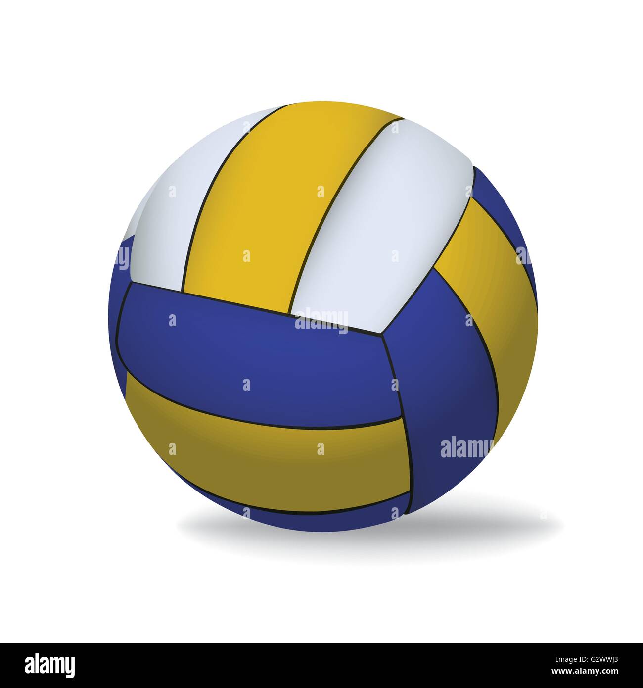 A blue, yellow, and white realistic 3D volleyball isolated on a white