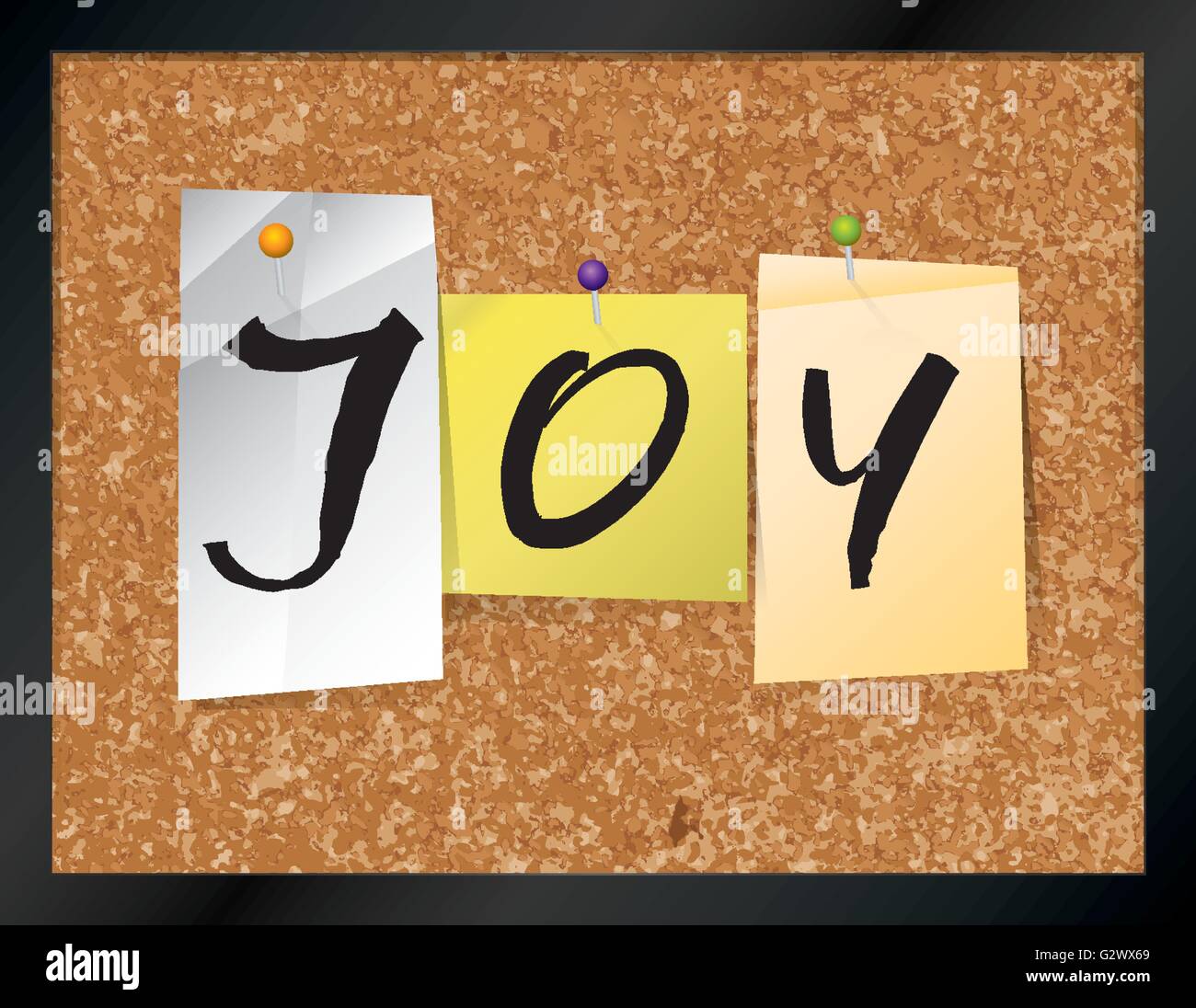 An illustration of the word "JOY" written on pieces of colored paper